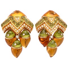 Citrine Peridot Diamond Gold Fish Shaped Earrings 12